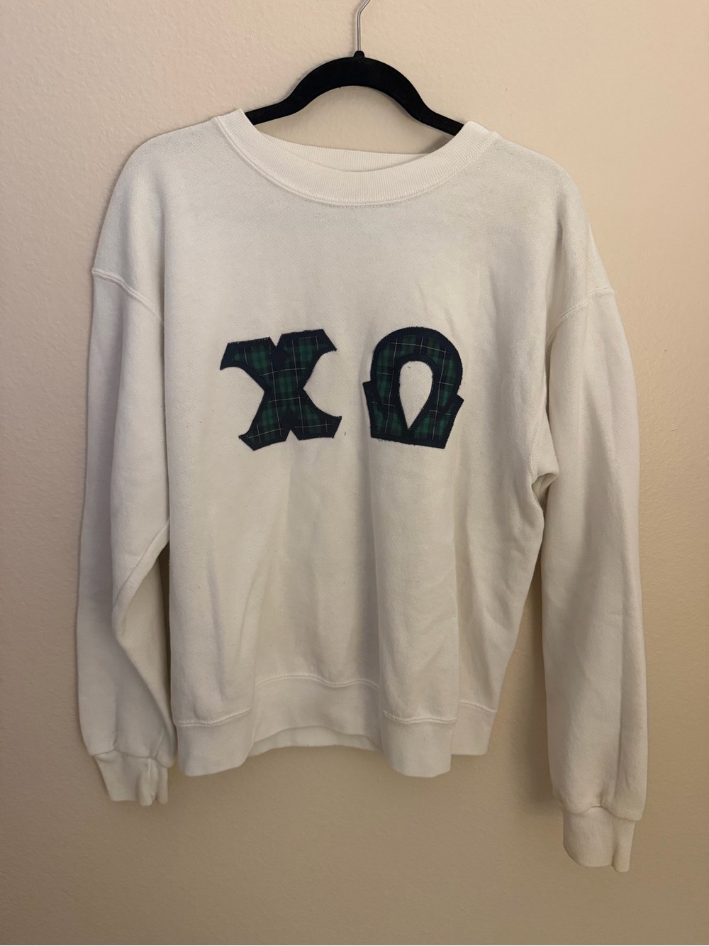 Chi Omega White Crewneck Sweatshirt with Green Plaid Appliqué